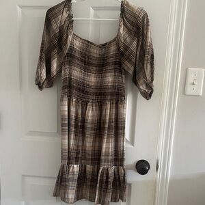 Elegant Plaid Midi Dress in Brown